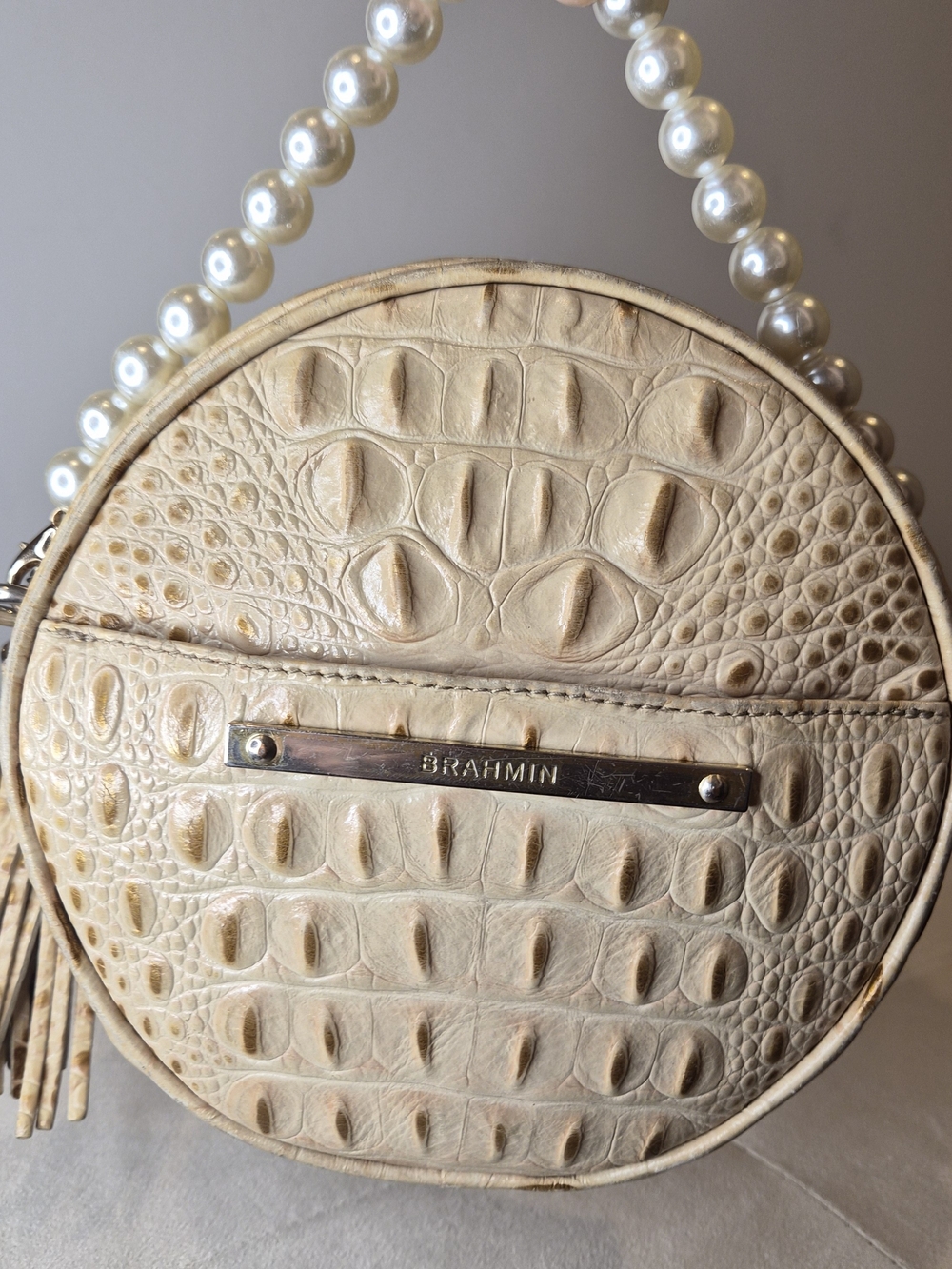 Brahmin Cream Croc-Embossed Leather Round Top Handle Bag With Pearl Strap